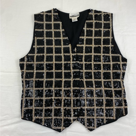 Vintage Women’s‎ Black Sequins Pearl and Gold Beads Windowpane Design Vest Sz M - Picture 1 of 10